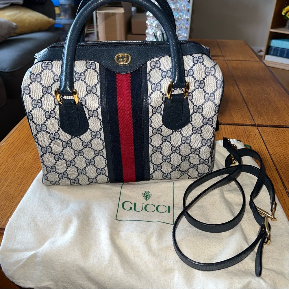 Gucci Ophidia Navy Blue & Red Boston Bag w/Detachable Shoulder Strap